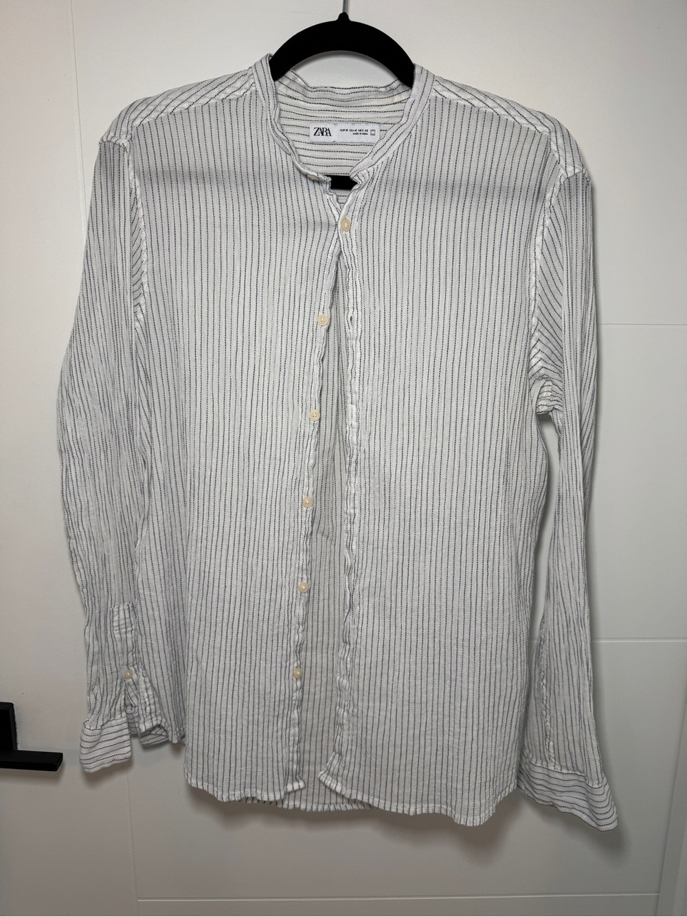 Zara Men's White Shirt with Black Pinstripes and Band Collar
